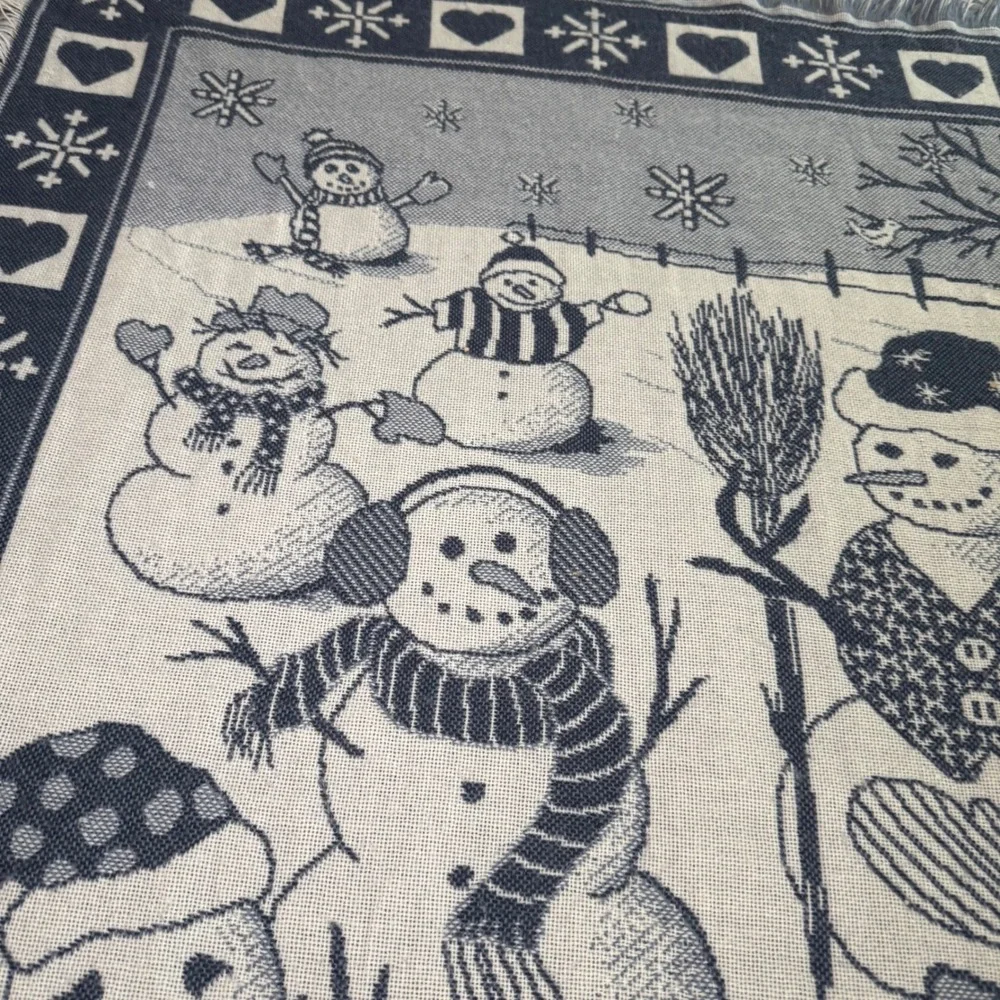 Vintage Welcome to Snowtown Snowman Family Throw Tapestry Blanket Blue Gray EUC‎